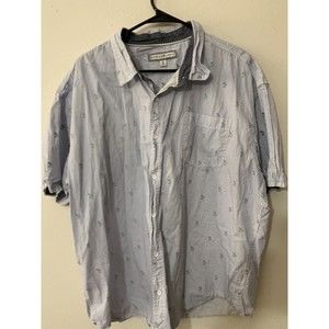 PD&C Camp Shirt Mens Size 2X Button Up Short Sleeve Blue Striped Palm Trees